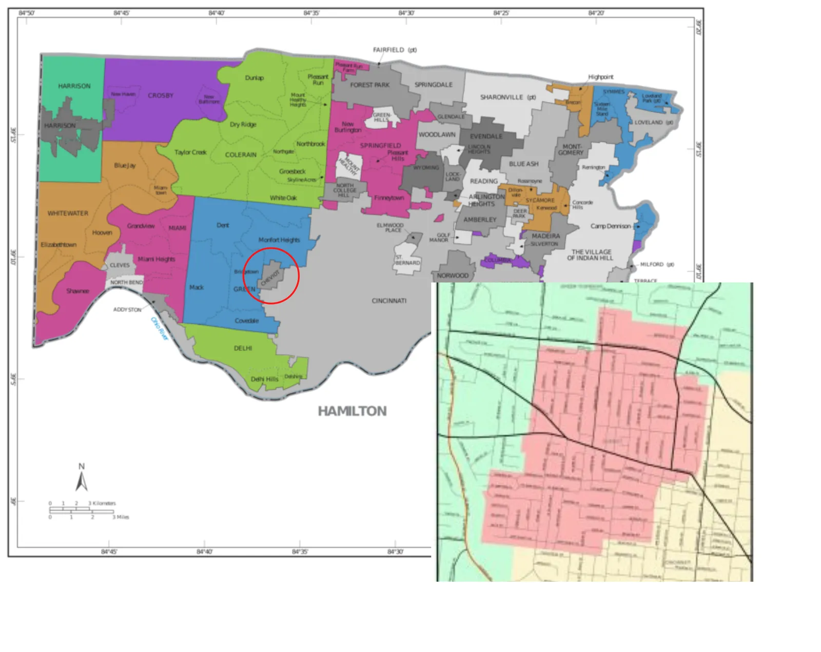 Maps of the location of Cheviot within Hamilton county, Ohio.