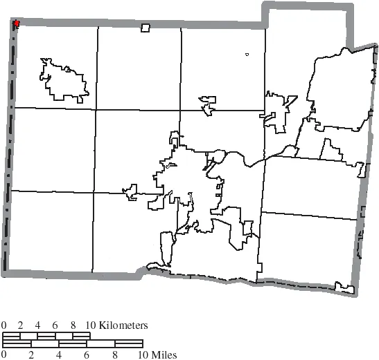 Map of the municipal and township boundaries of Butler County, Ohio, United States, as of the 2000 census, with the location of the village of College Corner highlighted. Township borders are shown only in unincorporated