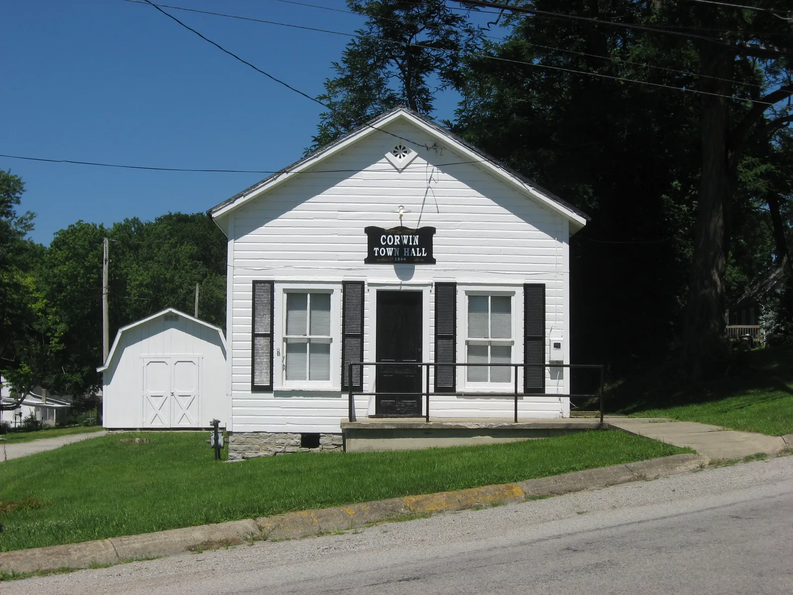Front of the Corwin Council House and Jail, located at 946 Harveysburg Road (Corwin Avenue) in Corwin, Ohio, United States. Built in 1898, it is listed on the National Register of Historic Places.