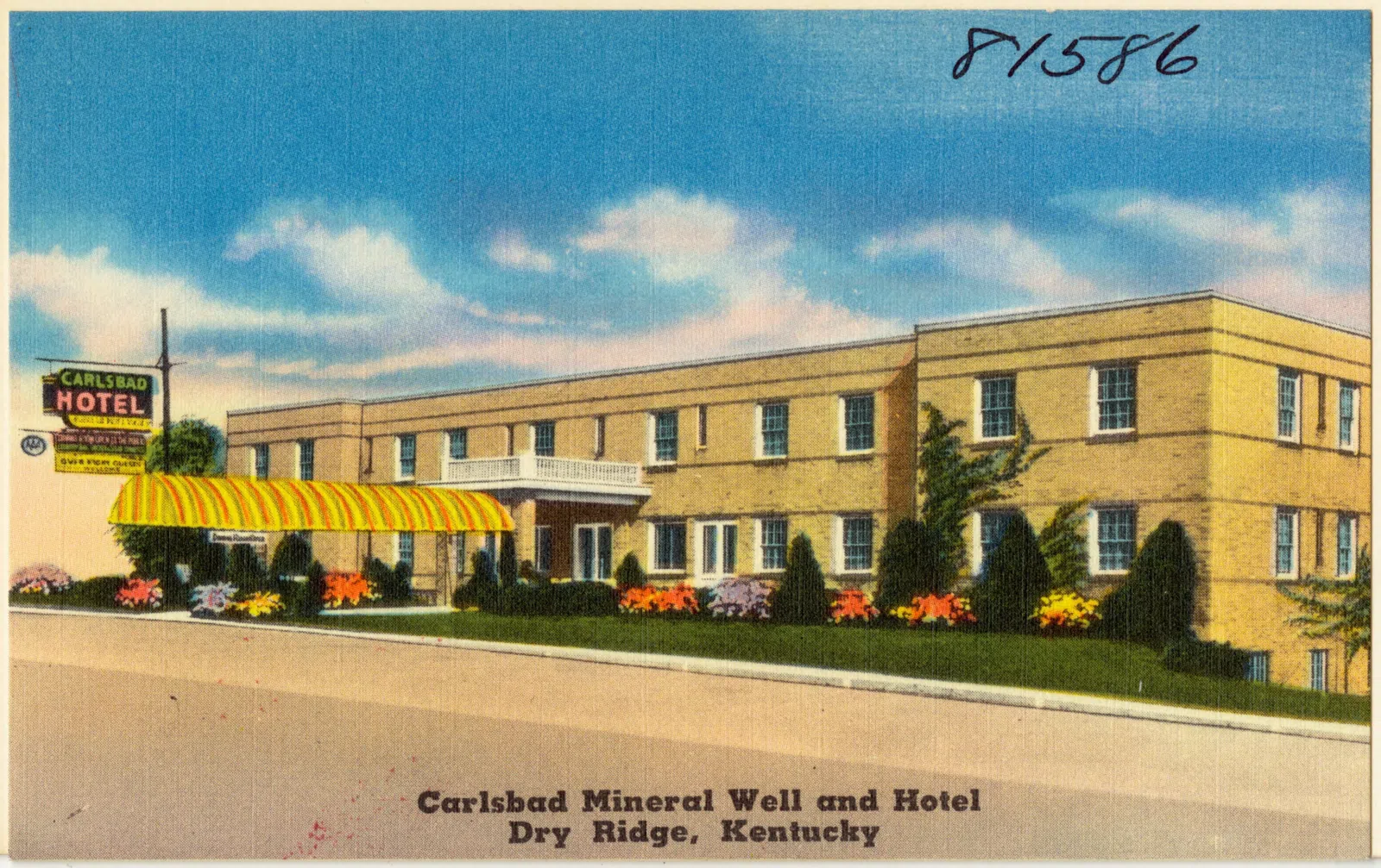 Title: Carlsbad Mineral Well and Hotel, Dry Ridge, Kentucky Subjects: Hotels Places: Kentucky > Grant (county) > Dry Ridge Notes: Title from item. Extent: 1 print (postcard) : linen texture, color ; 3 1/2 x 5 1/2 in. Acc