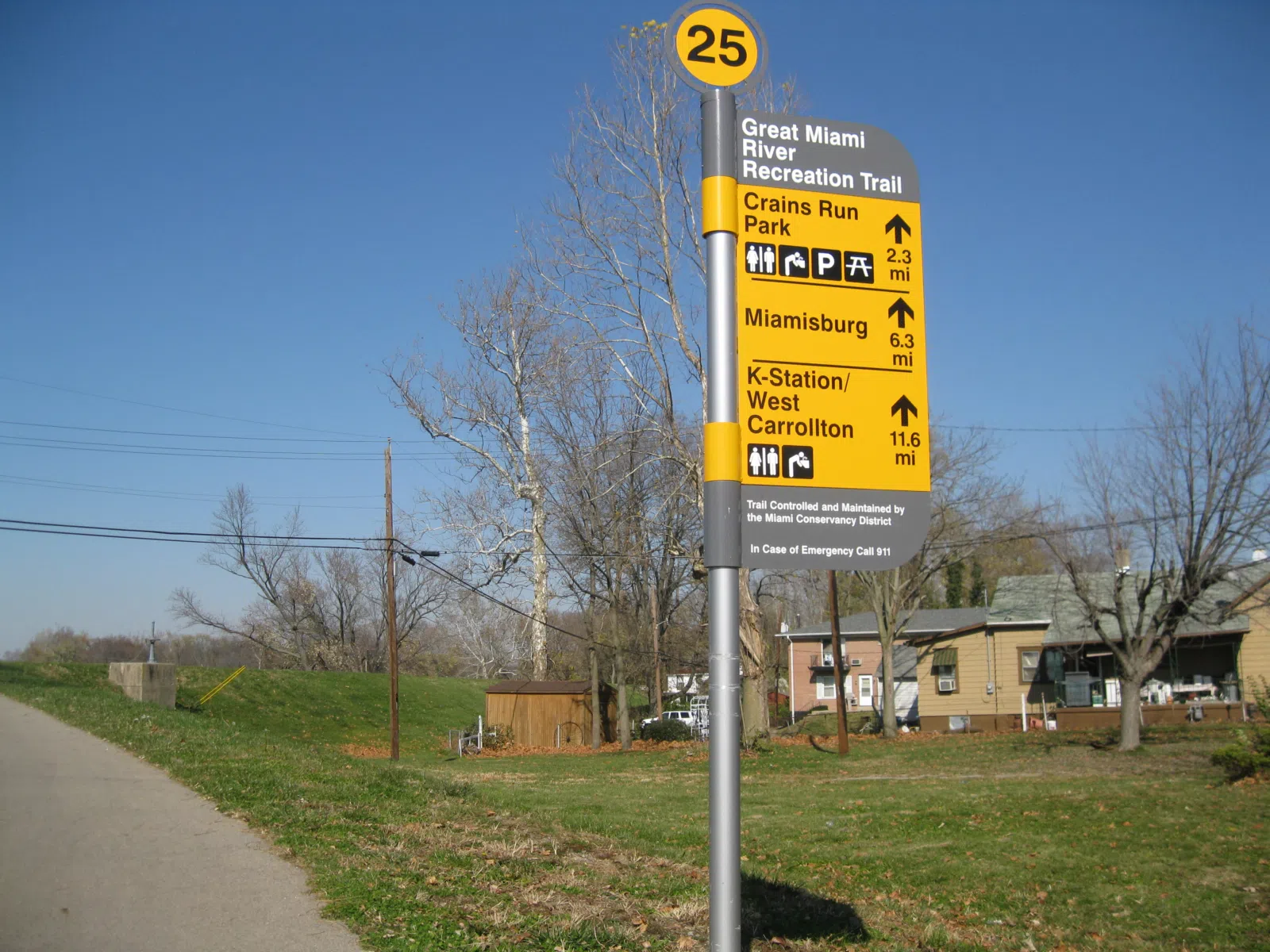 The wayfinding sign at the Great Miami River Recreational Trail trailhead at North River Street and West 1st Street in downtown Franklin, Ohio.