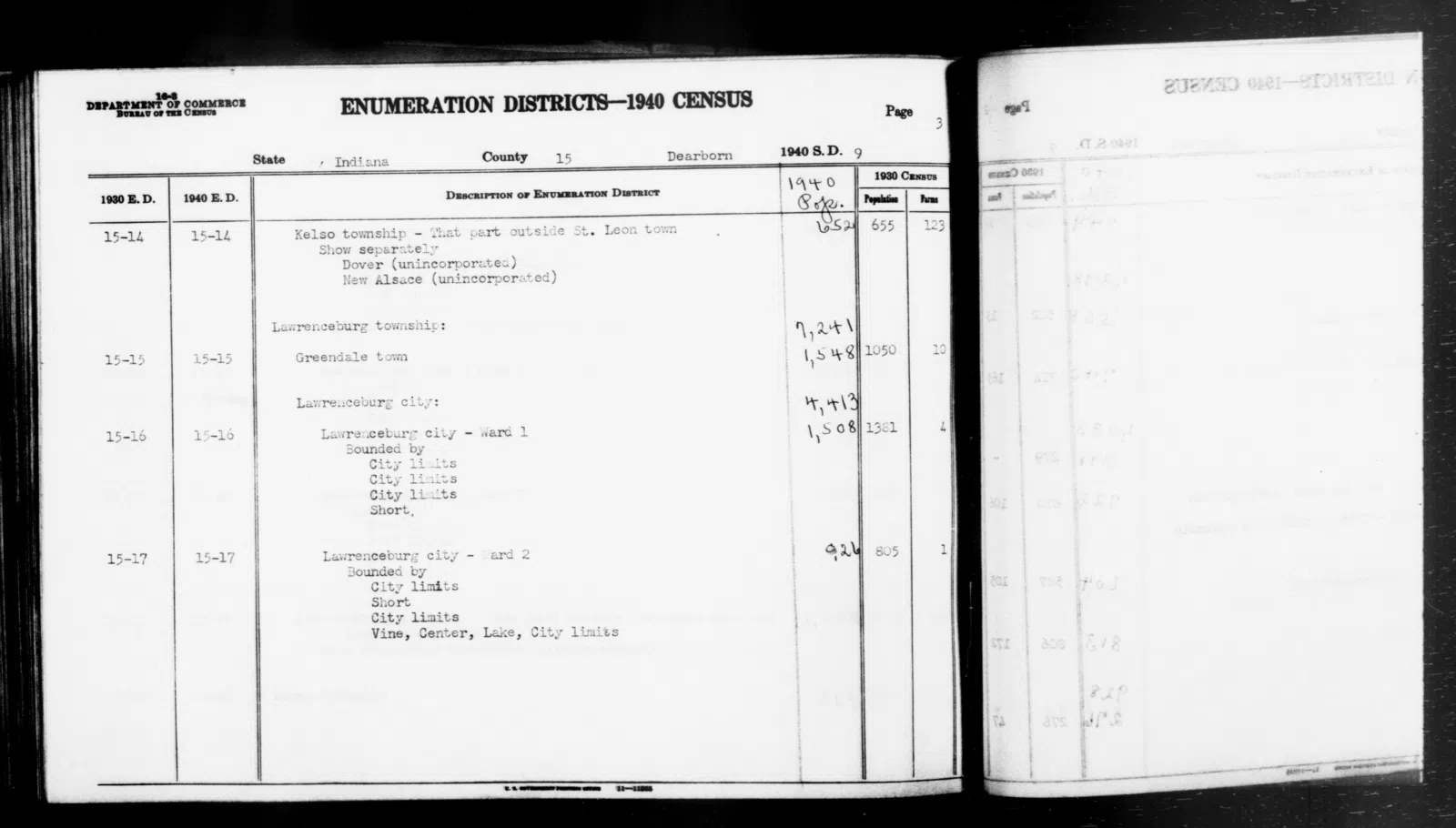 Scope and content: This item lists Enumeration Districts for: IN ED 15-14: KELSO TOWNSHIP OUTSIDE ST. LEON TOWN, DOVER, NEW ALSACE. IN ED 15-15: LAWRENCEBURG TOWNSHIP, GREENDALE TOWN. IN ED 15-16: LAWRENCEBURG TOWNSHIP,