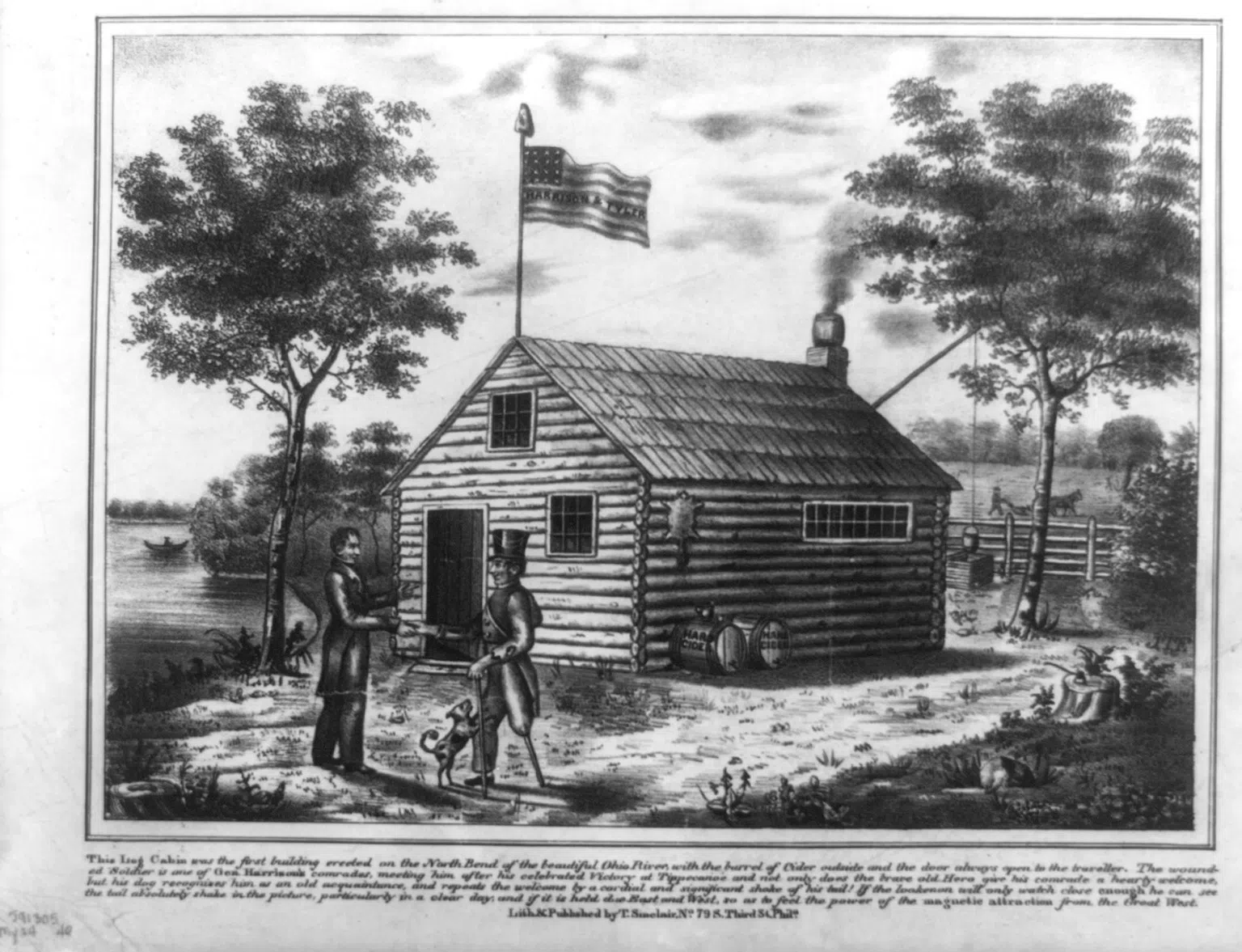 lithograph print, 25.4 x 30 cm. description from Library of Congress: A Whig campaign print, showing William Henry Harrison greeting a wounded veteran before a log cabin by a river. The cabin flies an American flag with
