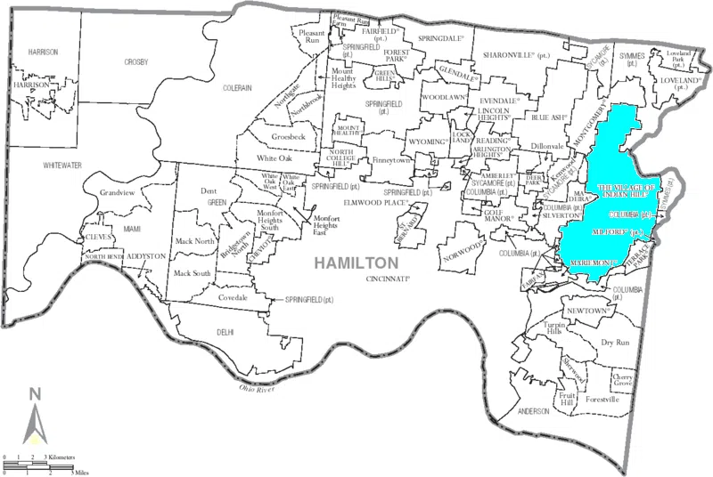 Map of Hamilton County, Ohio, United States with City of the Village of Indian Hill boundaries
