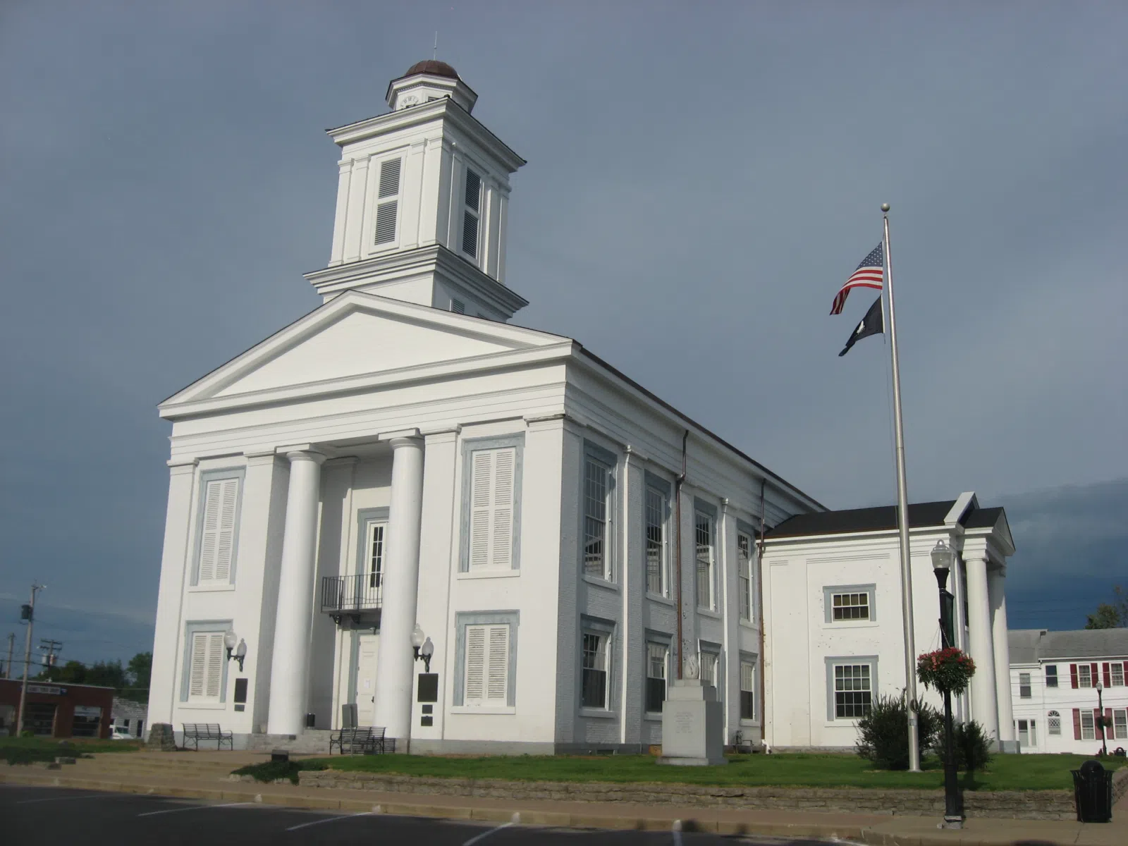 Front and southern side of the Brown County Courthouse, located at 101 S. Main Street in Georgetown, Ohio, United States. Built in 1851, it is part of the Georgetown Historic District, a historic district that is listed