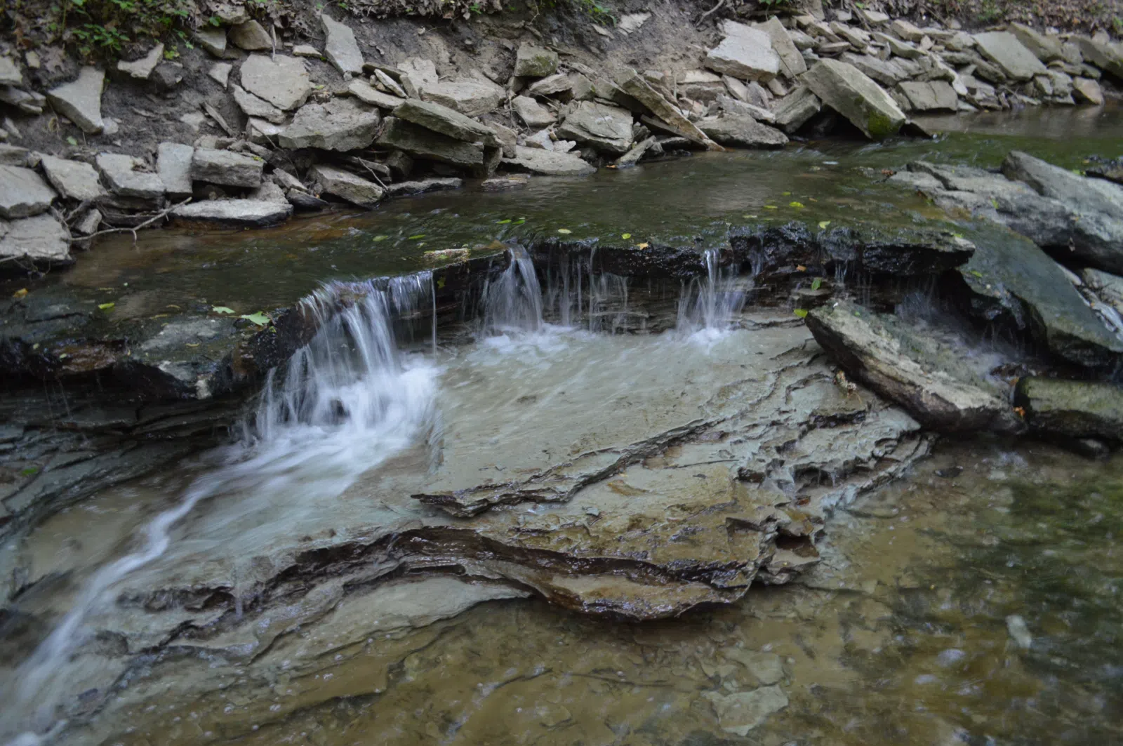 Waterfalls and bank outcrops along Simpson Creek in and around Landen Deerfield Park, Warren County, Ohio. Exposes the Fairview Formation and Bellevue Member of the Grant Lake Formation.