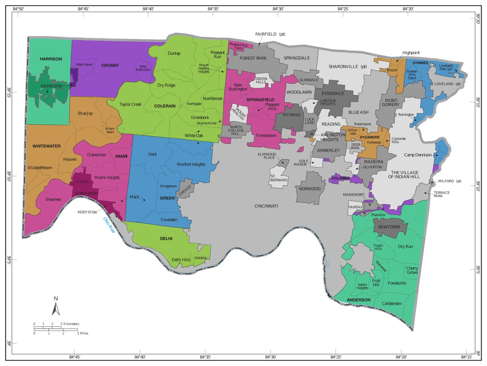 A map of municipalities and census-designated places (CDPs) in Hamilton County, Ohio, which contains the city of Cincinnati. Townships are shown in colors, with the name of the township in bold capitals, and CDPs within