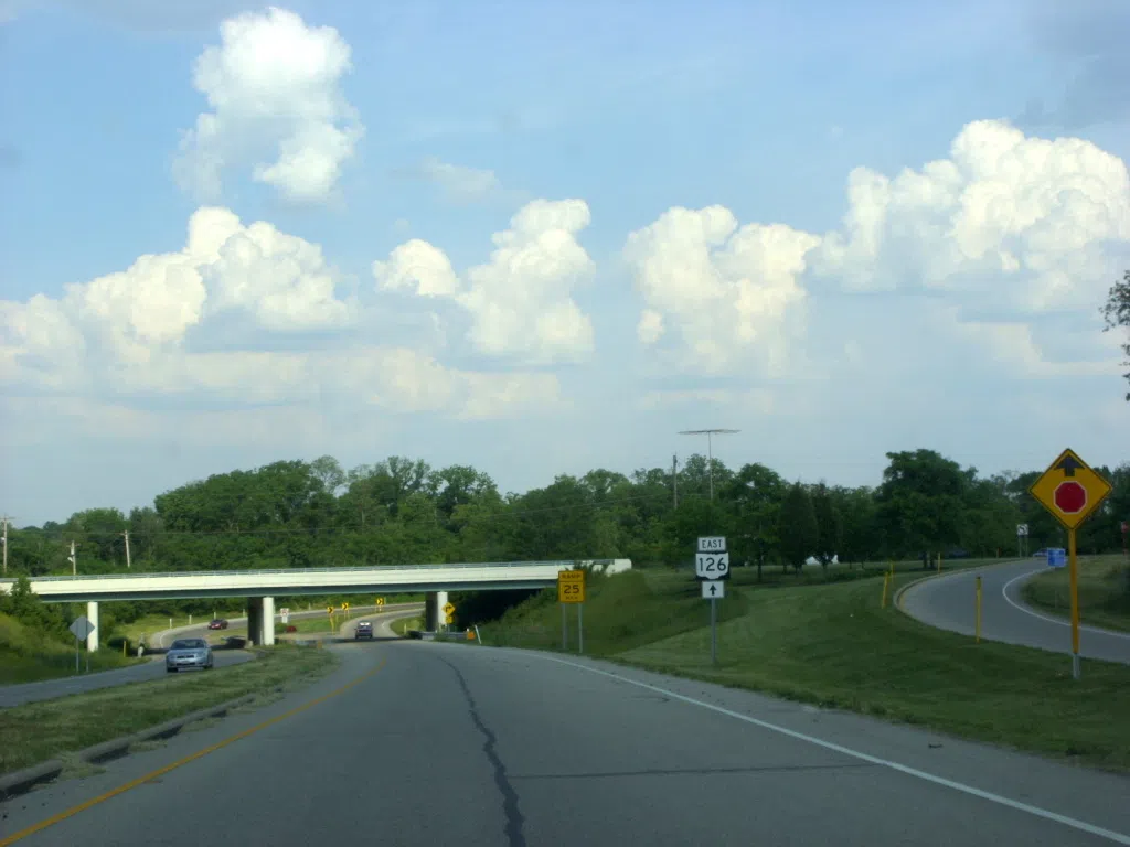 Ronald Reagan Cross County Highway eastbound at its eastern terminus with Montgomery Road in Montgomery, Ohio, United States.