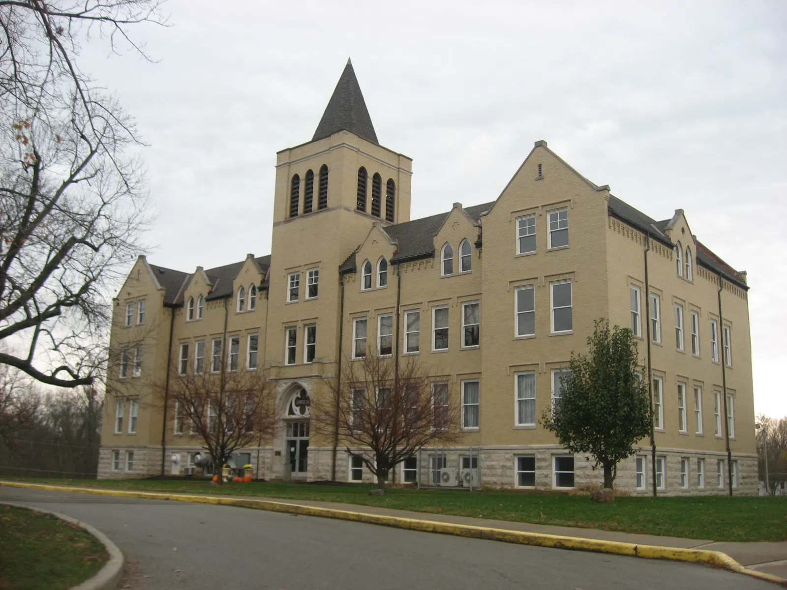 Front and western side of Carnegie Hall on the former campus of Moores Hill College (now the University of Evansville), located at 14687 Main Street in Moores Hill, Indiana, United States. Built in 1907, it is listed on