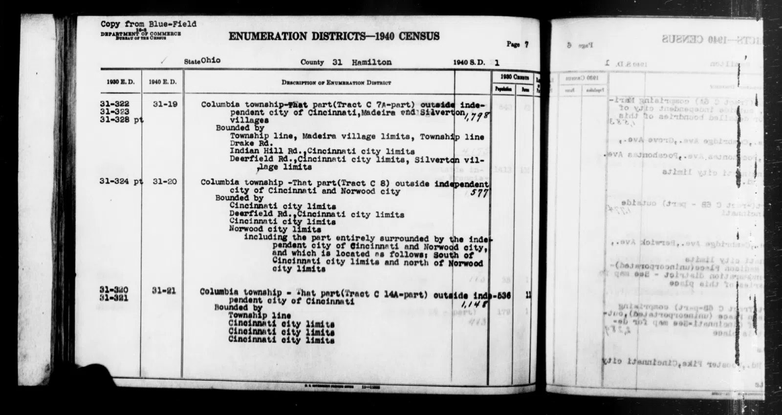 Scope and content: This item lists Enumeration Districts for: OH ED 31-19: COLUMBIA TOWNSHIP (TRACT C-7A - PART) BOUNDED BY (N) TOWNSHIP LINE, MADEIRA VILLAGE LIMITS, TOWNSHIP LINE; (E) DRAKE RD; (S) INDIAN HILL RD, CINC