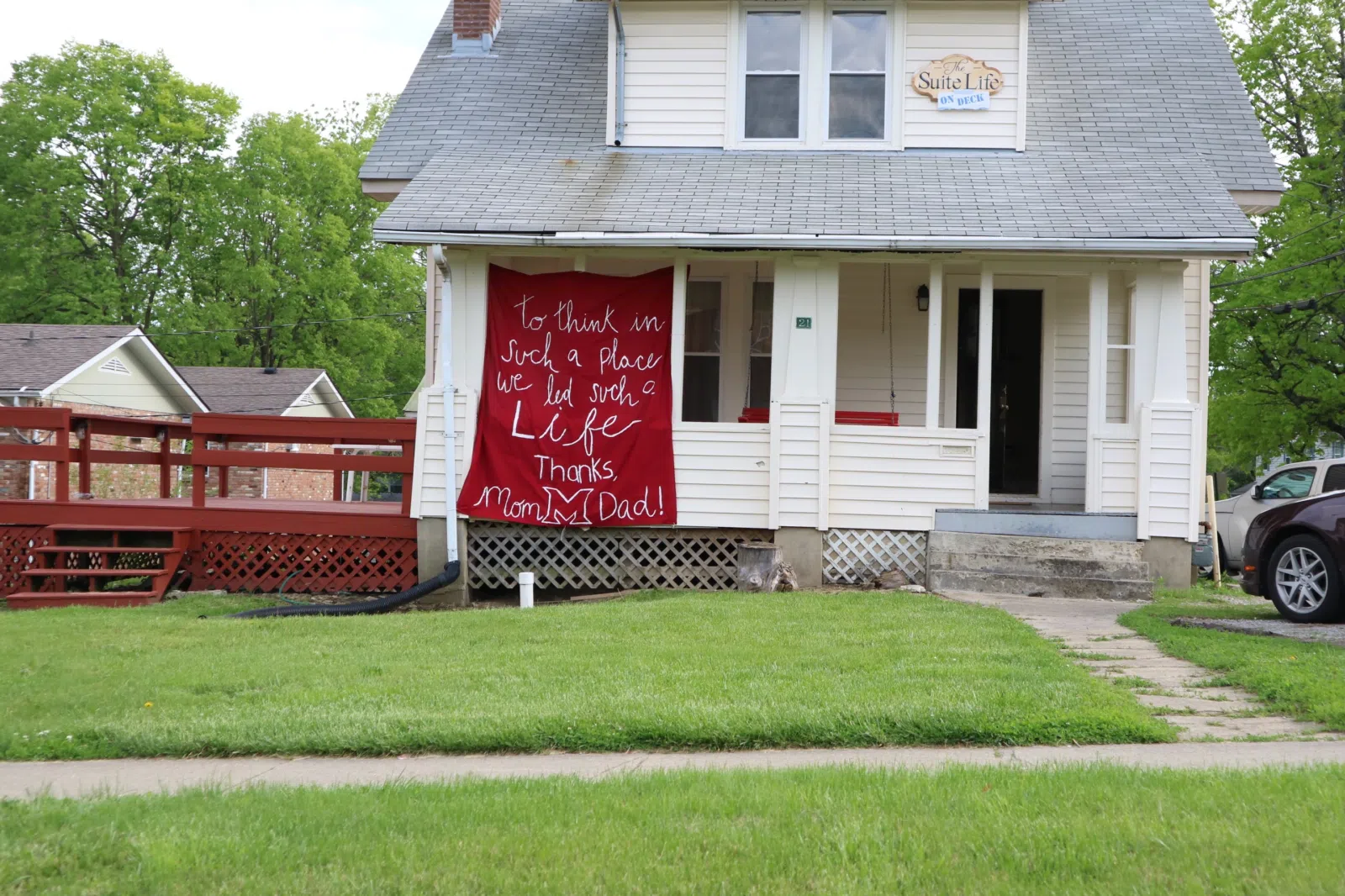 A house in Oxford, Ohio displaying a banner related to Miami University.