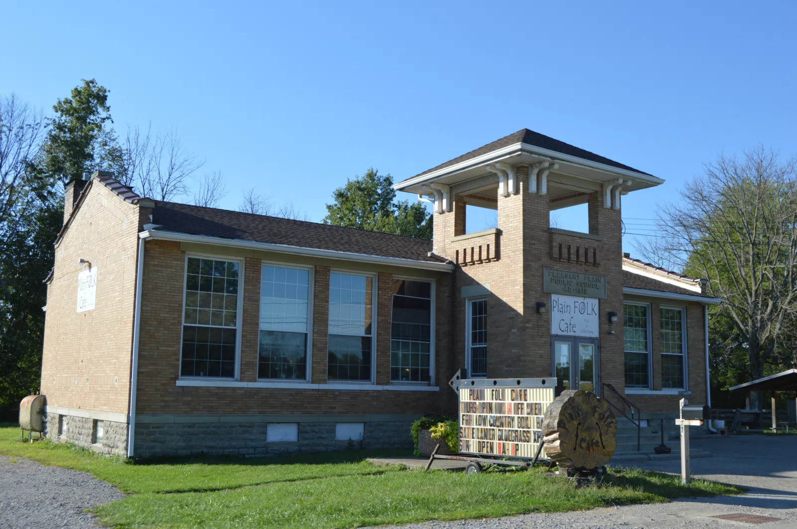 Front and southern side of the former Pleasant Plain school (now a restaurant), located at 10177 Main Street (State Route 132) in Pleasant Plain, Ohio, United States.