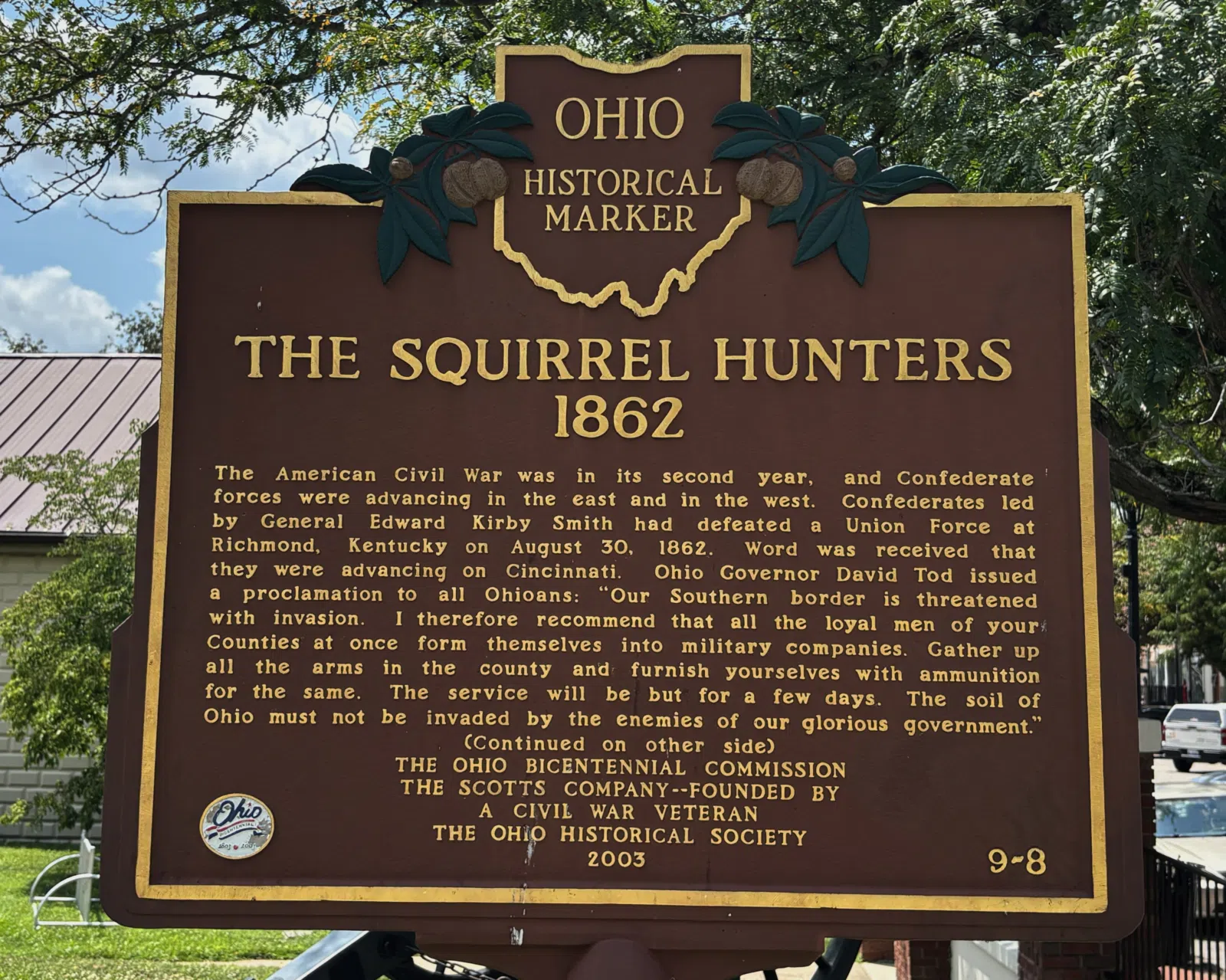 Ohio Historical Marker 9-8, The Squirrel Hunters 1862 side A (Ripley, Ohio)