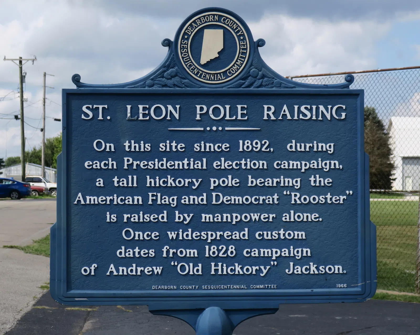 Dearborn County Sesquicentennial Committee historical marker (St. Leon, Indiana) - St. Leon Pole Raising