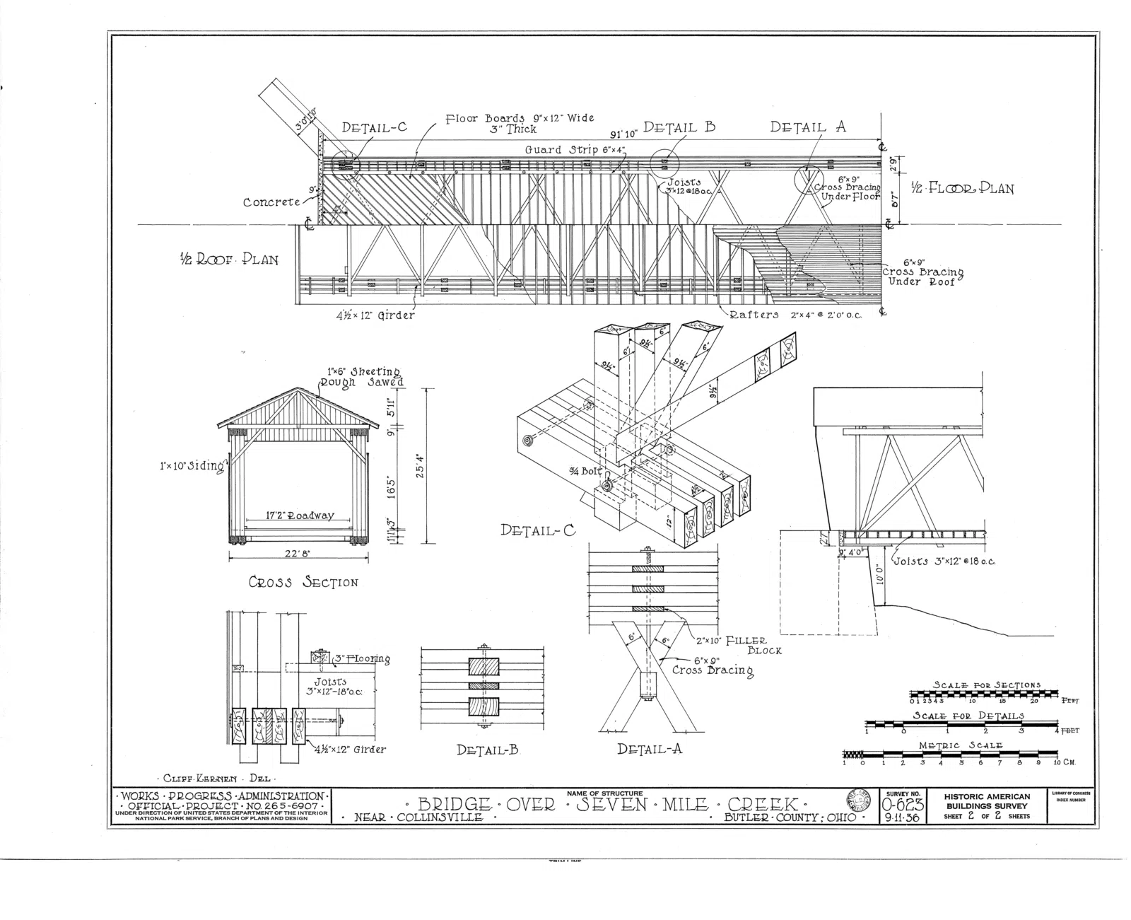 File:1-2 Roof Plan, 1-2 Floor Plan, Cross Section, Details - Covered Bridge, Spanning Seven Mile Creek, Collinsville, Butler County, OH HABS OHIO,9-COL.V,1- (sheet 2 of 2).png