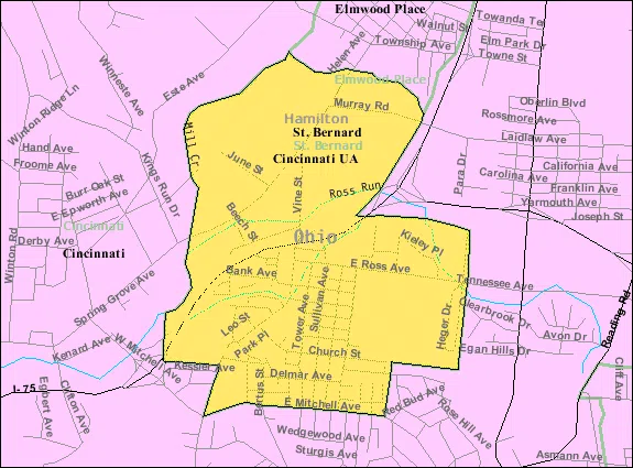 Map of St. Bernard, a city in Hamilton County, Ohio, United States, with its boundaries at the time of the 2000 census.