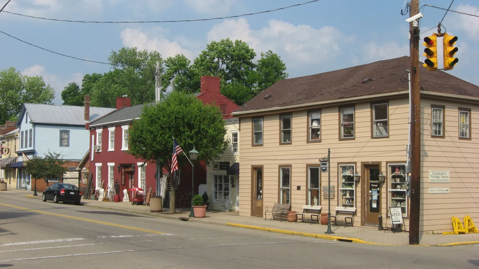 Buildings on the eastern side of Main Street near the Miami Street intersection in Waynesville, Ohio, United States. This block is part of the Waynesville Main Street Historic District, a historic district that is listed