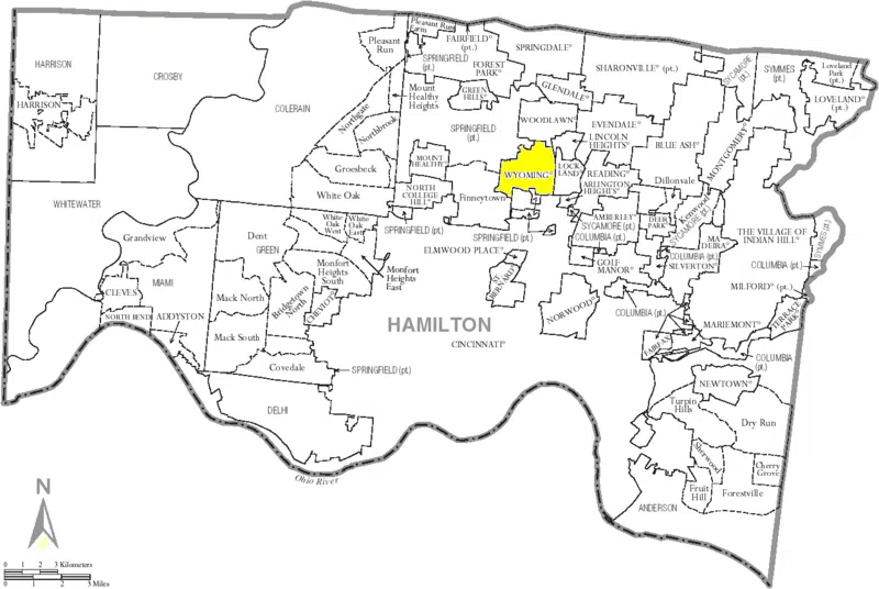 Map of Hamilton County, Ohio, United States with municipality of Wyoming highlighted