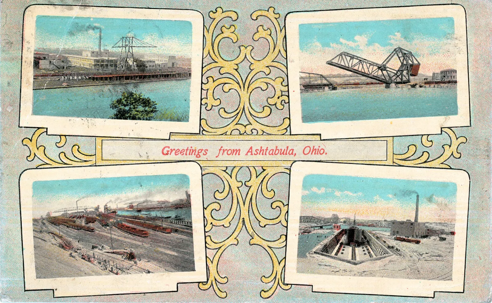 Vintage "Greetings From Ashtabula" large-letter linen postcard showing the harbor.