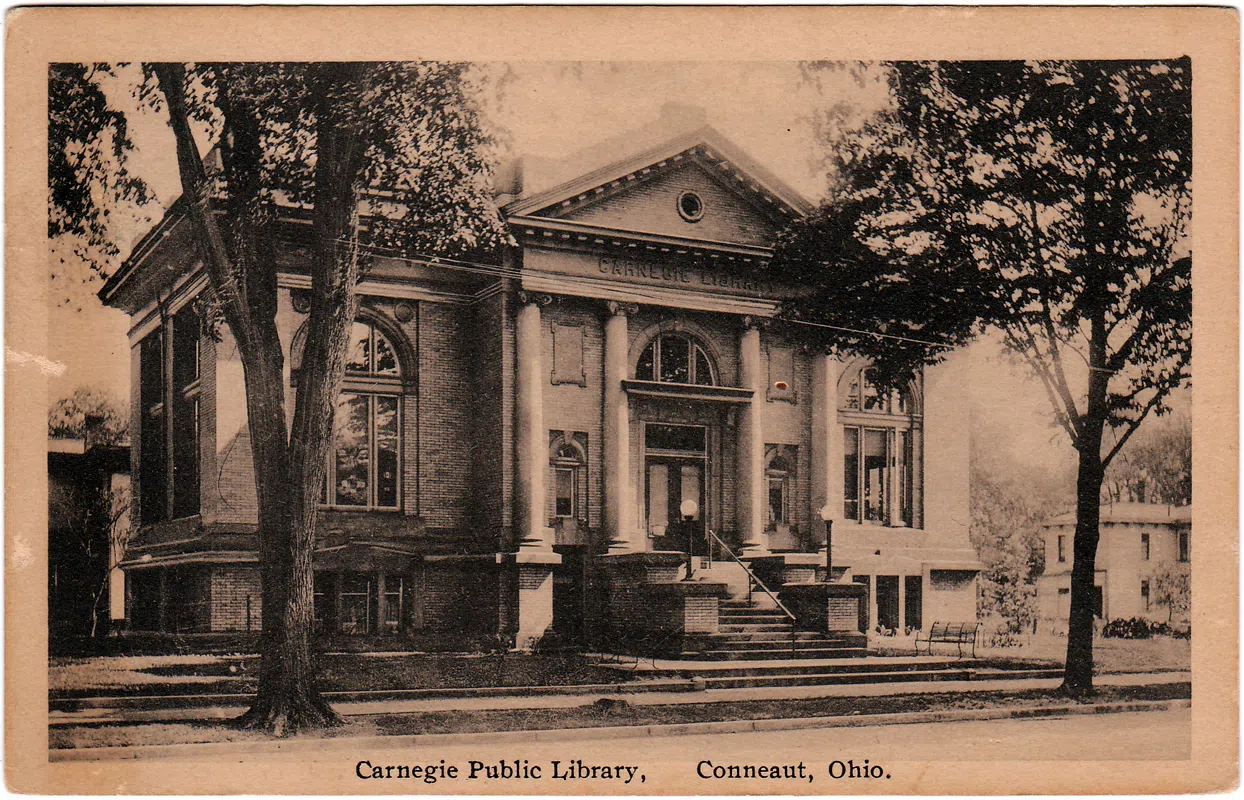1924 postcard view of the Carnegie Public Library, Conneaut, Ohio.
