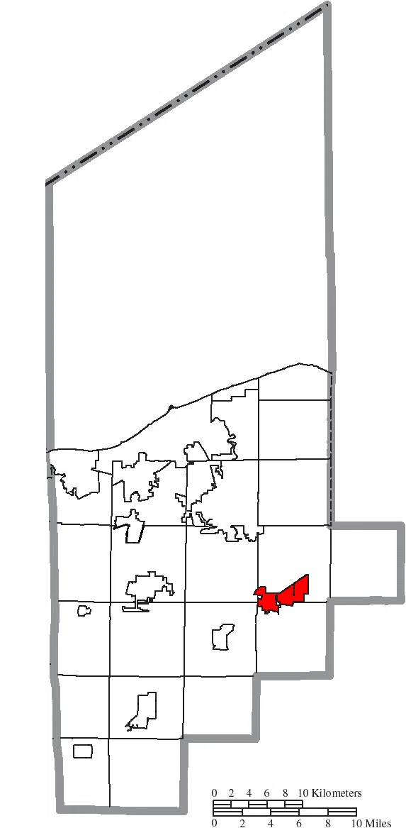 Map of the municipal and township boundaries of Lorain County , Ohio , United States , as of the 2000 census, with the location of the village of Grafton highlighted.…