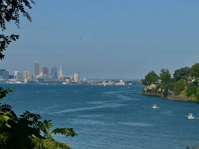 View of Cleveland skyline from the walking path at Lakewood Park