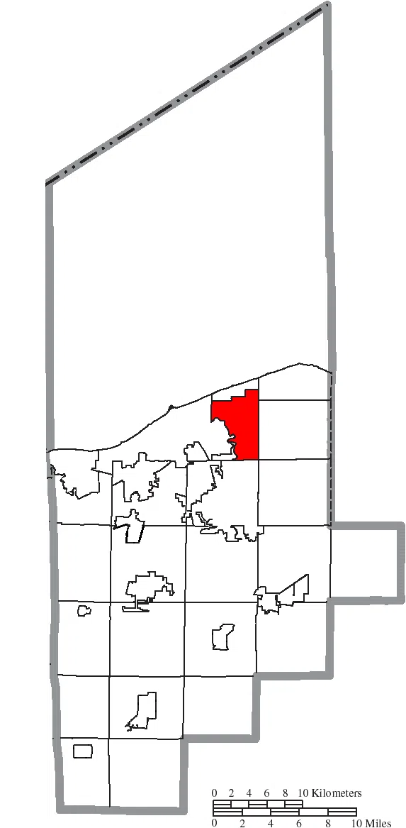 Map of the municipal and township boundaries of Lorain County , Ohio , United States , as of the 2000 census, with the location of the village of Sheffield highlighted.…