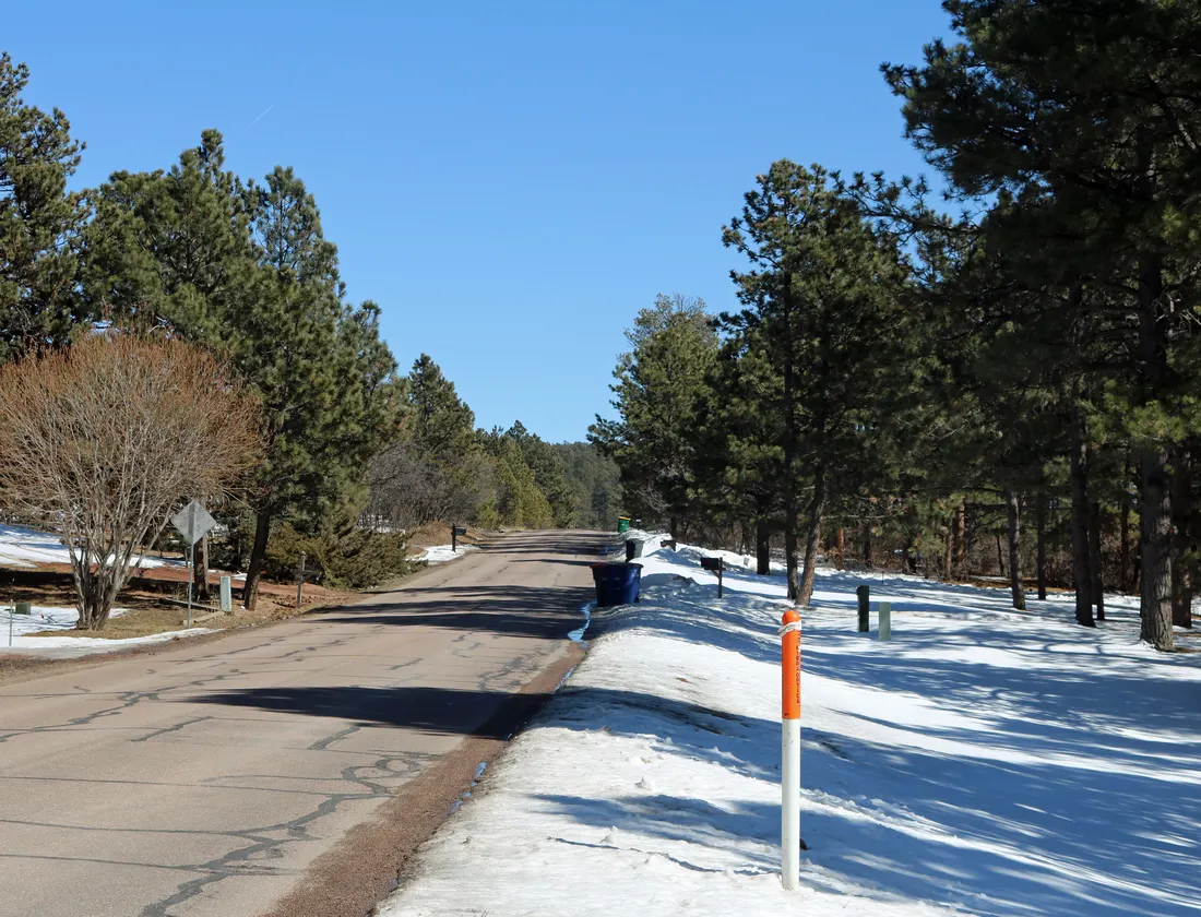 View east along Woodmoor Drive in Woodmoor, Colorado.