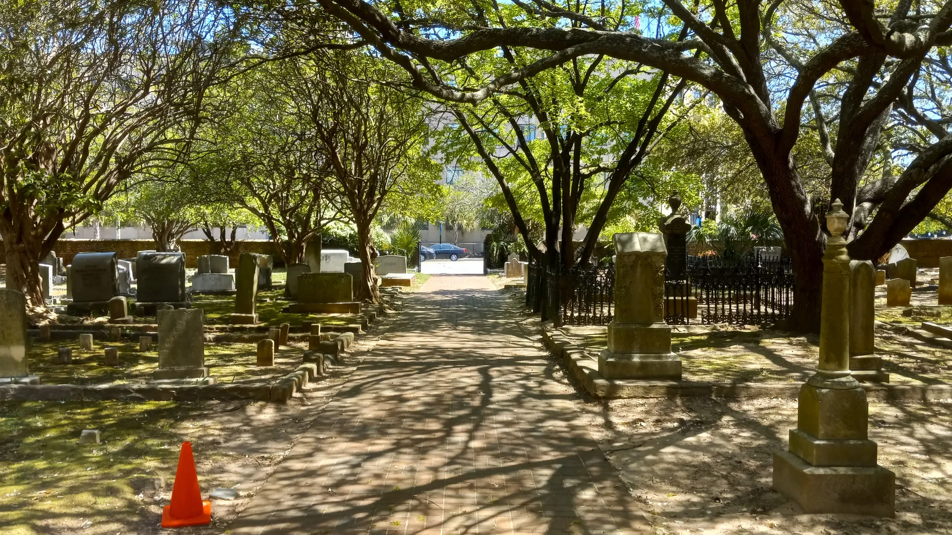 Bull Street is seen from the cemetery at the First Presbyterian Church in Columbia, South Carolina.