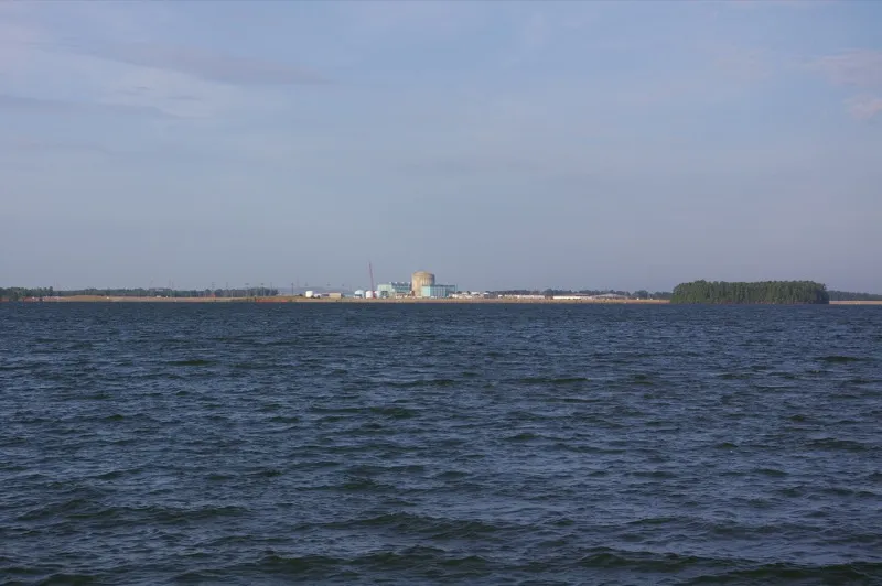 The Monticello Reservoir in Jenkinsville SC. The Virgil C. Summer Nuclear Generating Station can be seen on the far side of the lake.