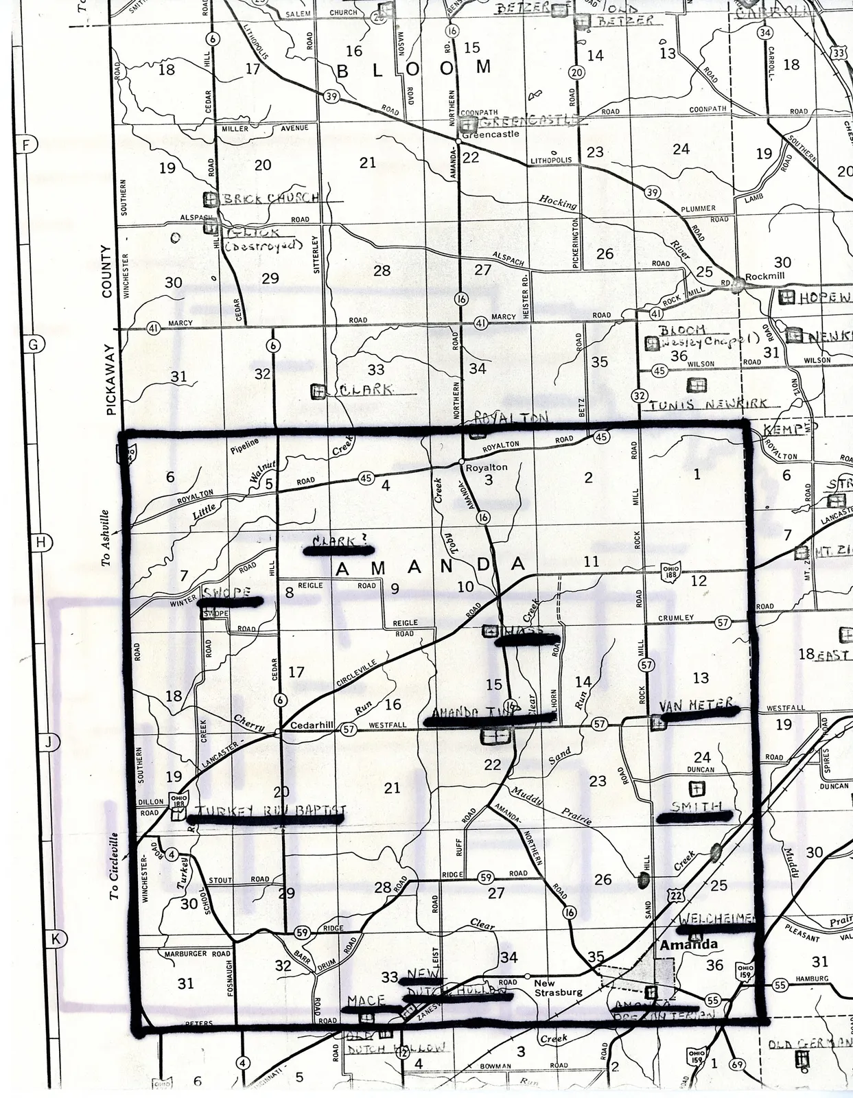 A black and white map of Amanda Township in Fairfield County, Ohio.