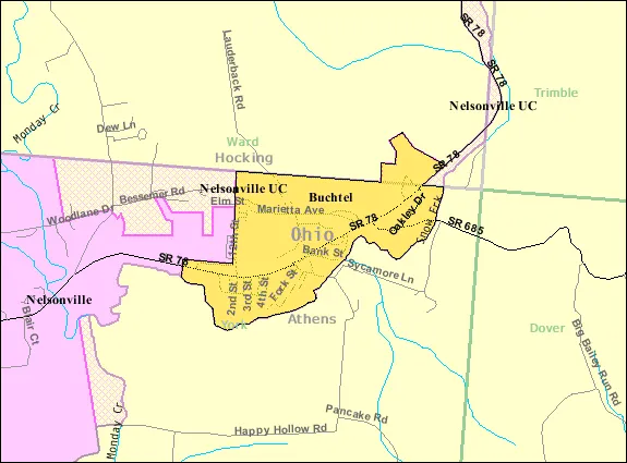 Map of Buchtel, a village in Athens and Hocking counties in the U.S. state of Ohio, with its boundaries at the time of the 2000 census.