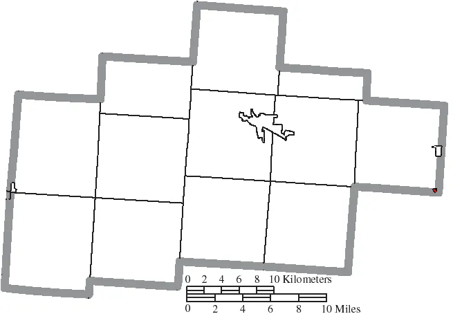 Map of the municipal and township boundaries of Hocking County, Ohio, United States, as of the 2000 census, with the location of the village of Buchtel highligh