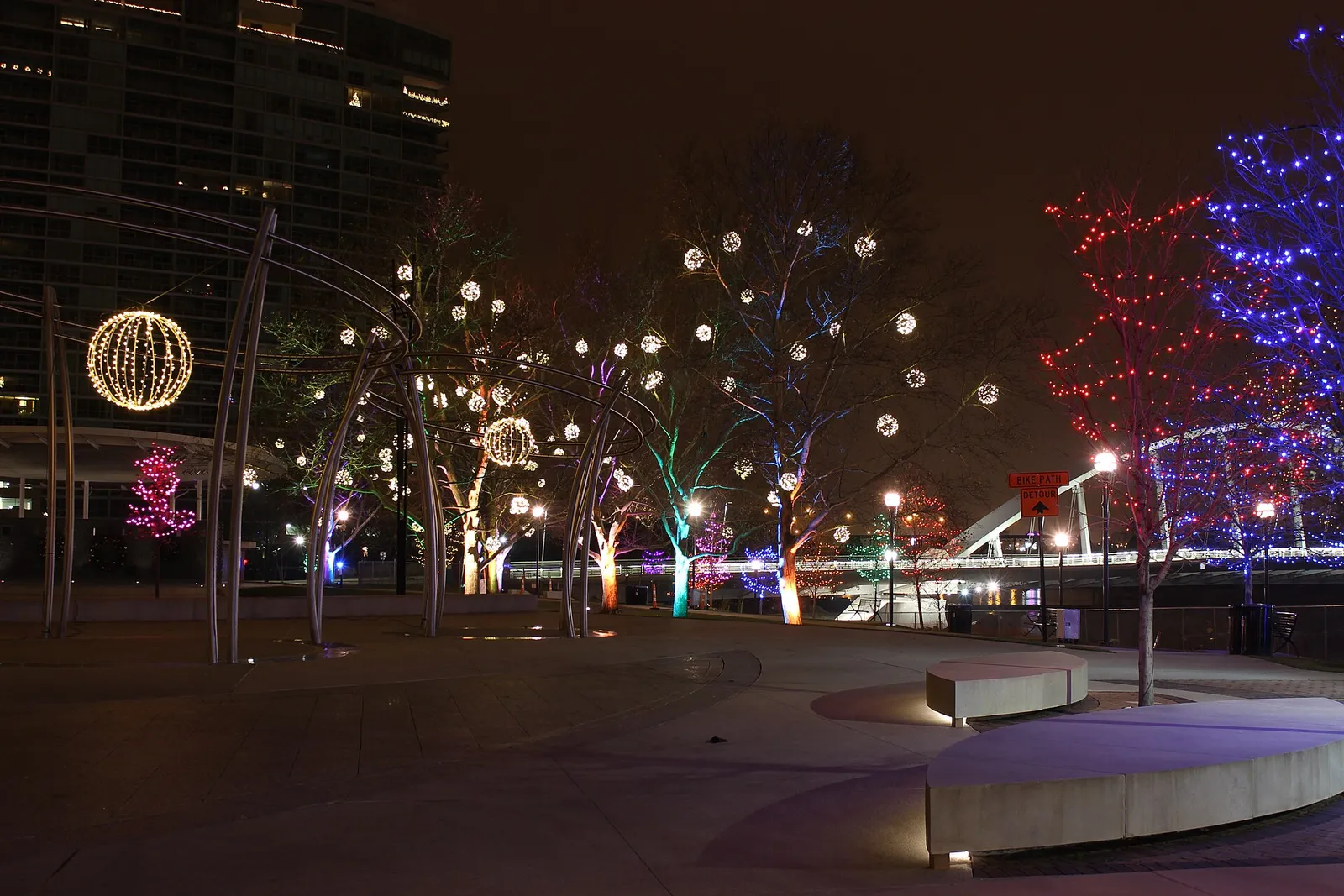 Bicentennial Park in Columbus, Ohio, lit up for the Grand Illumination ceremony in winter of 2014.