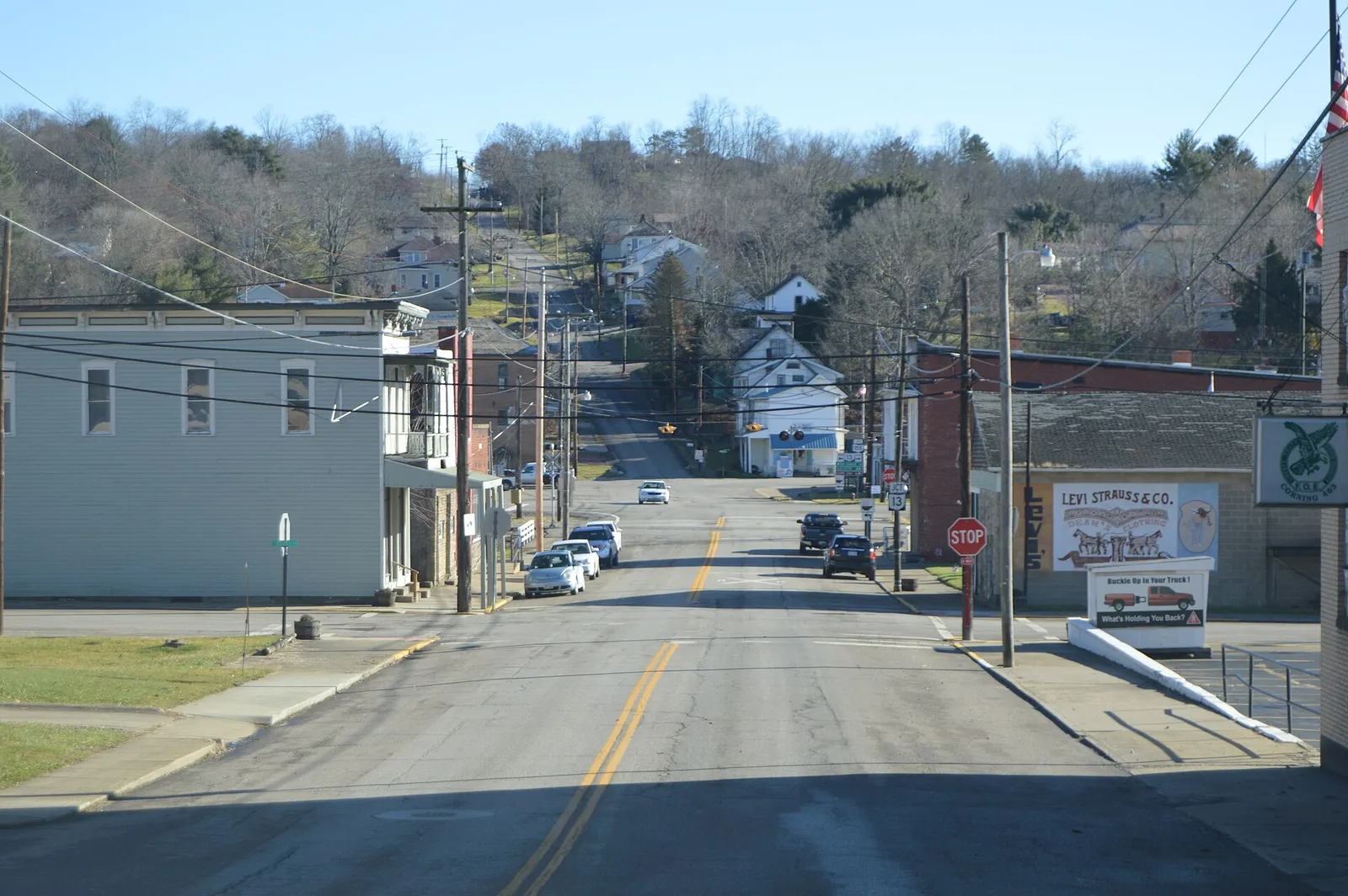 Central Corning, Ohio, United States, looking east on Main Street (State Route 155) from just west of the Valley Street intersection.