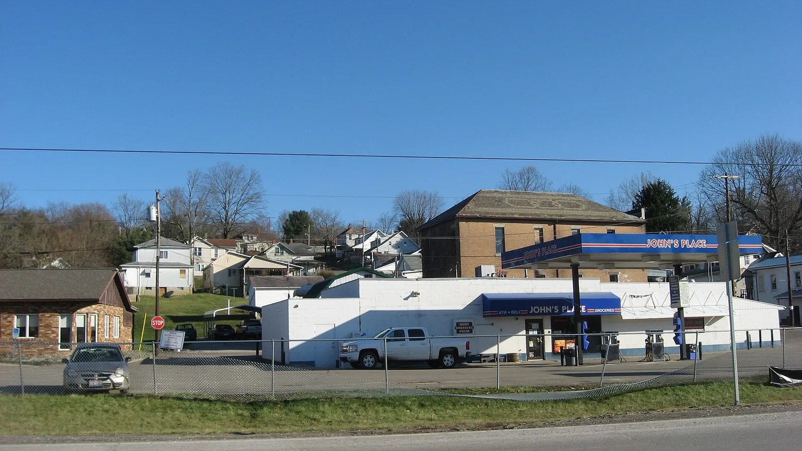 Looking eastward from State Route 13 toward houses and businesses in Corning, Ohio, United States.