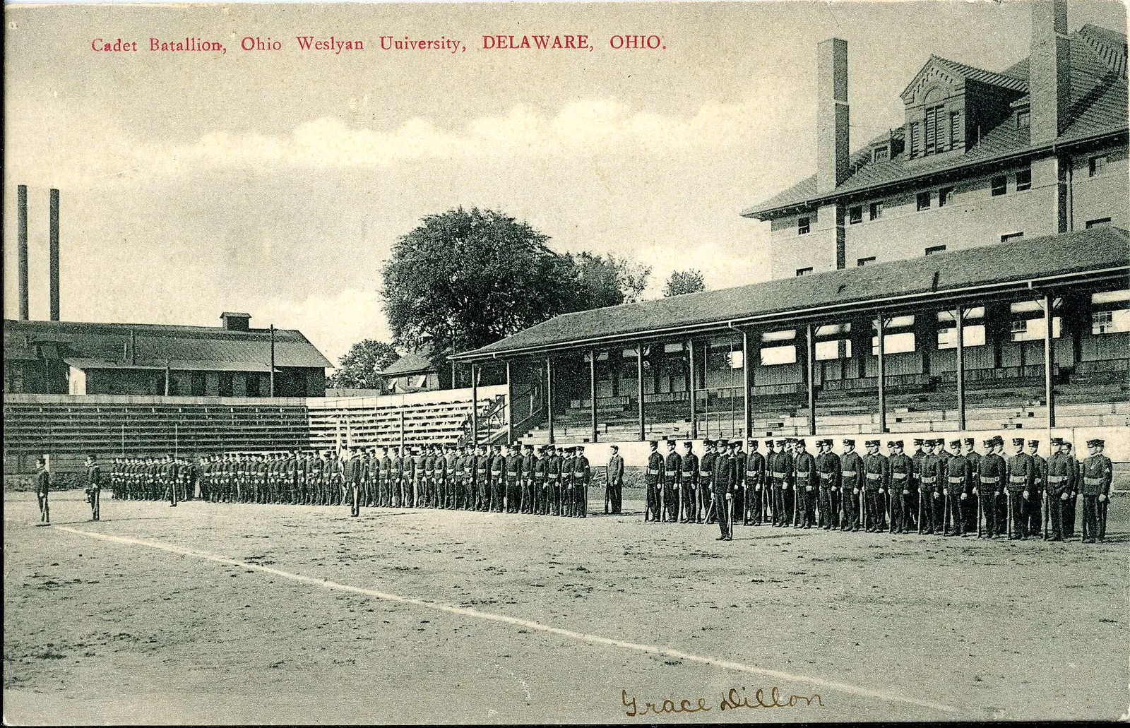 Black and white postcard of the Cadet Batallion at Ohio Wesleyan University.