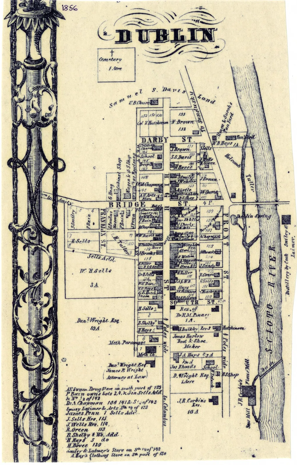 Property ownership plat map of the village of Dublin located in Washington Township, Franklin County, Ohio in 1856 taken from the Franklin County, Ohio, 1856 ma