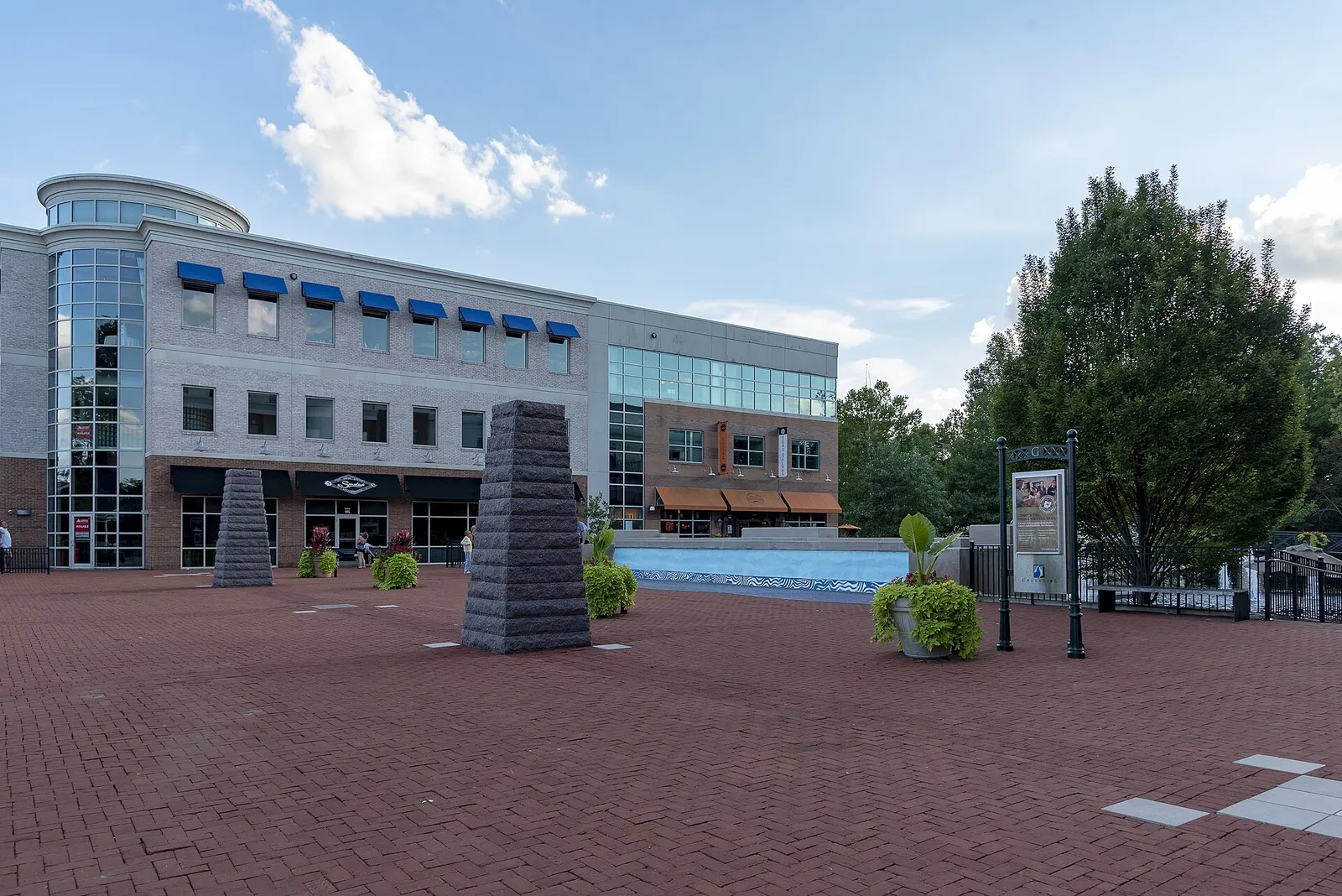 A view of the entrance from Mill street to Creekside Gahanna looking at the plaza from the northeast in Gahanna, Ohio.