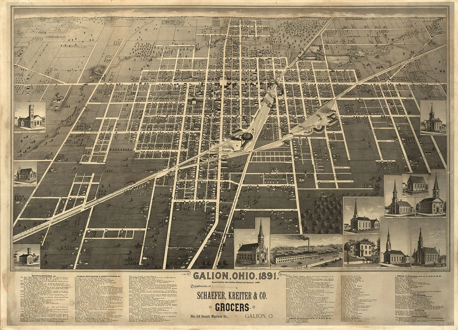 Bird's-eye view. Reprinted by the Galion Historical Society. Available also through the Library of Congress Web site as a raster image. Includes lists of Manufa