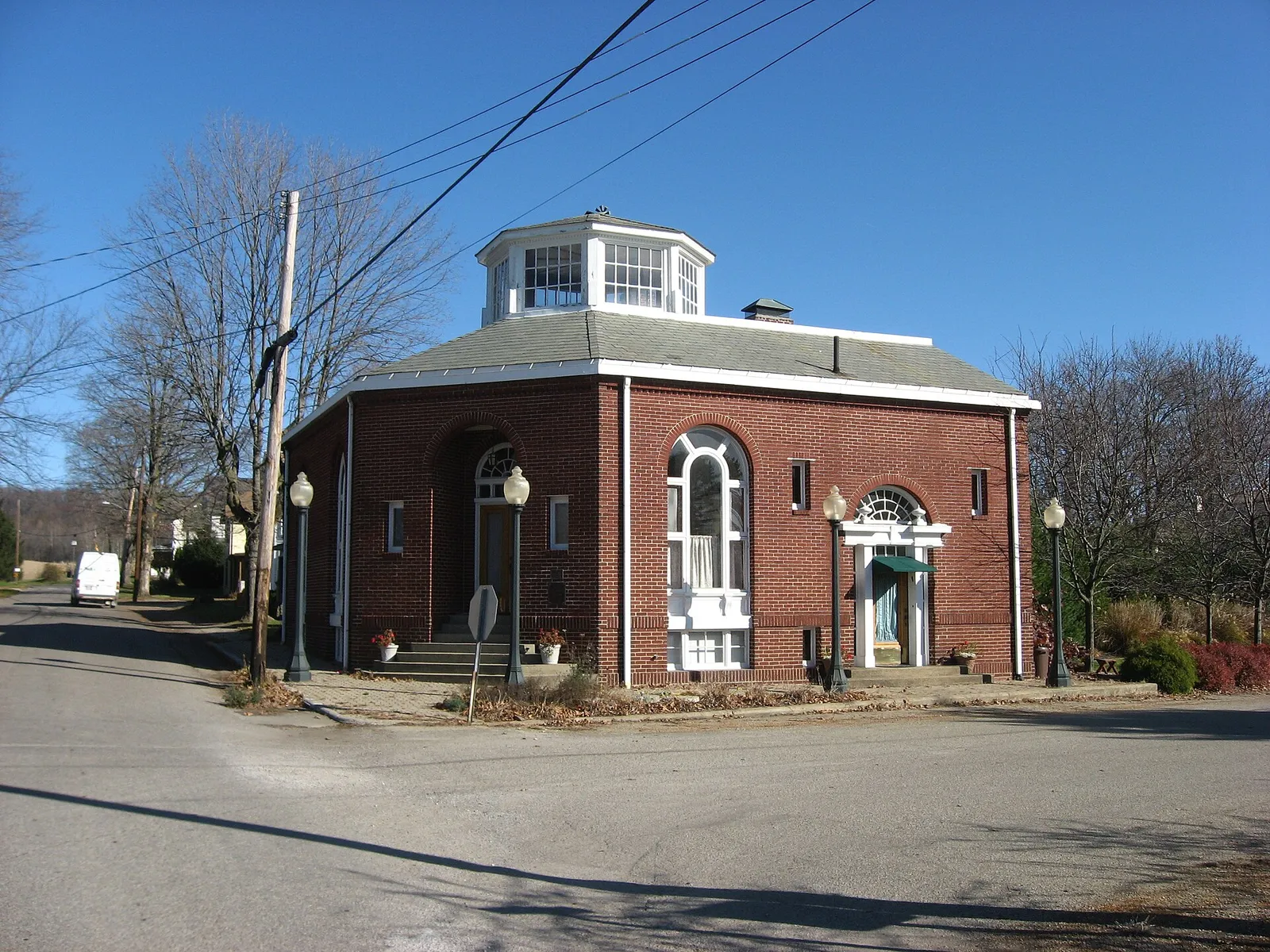 Front of the Glenford Bank, located at the intersection of Main and Broad Streets in Glenford, Ohio, United States. Built in 1919, it is listed on the National