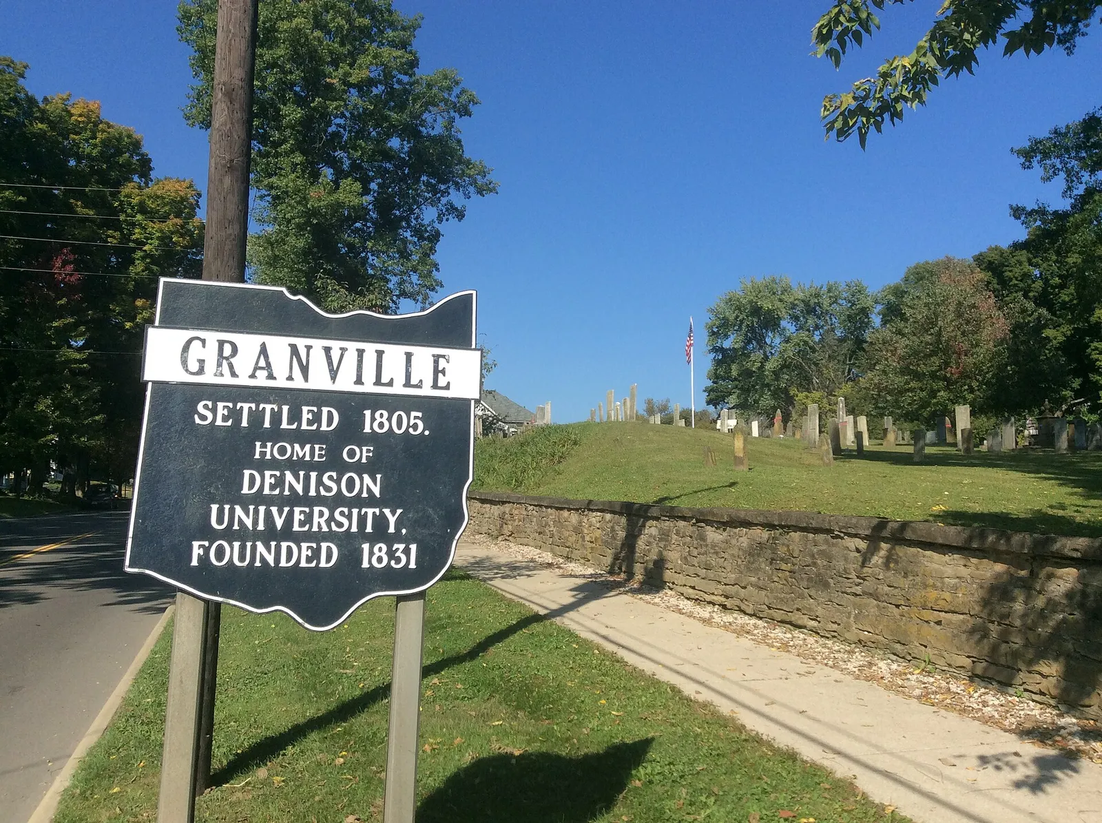Granville, Ohio, sign adjacent to Old Colony Burying Ground on South Main Street entrance to the village