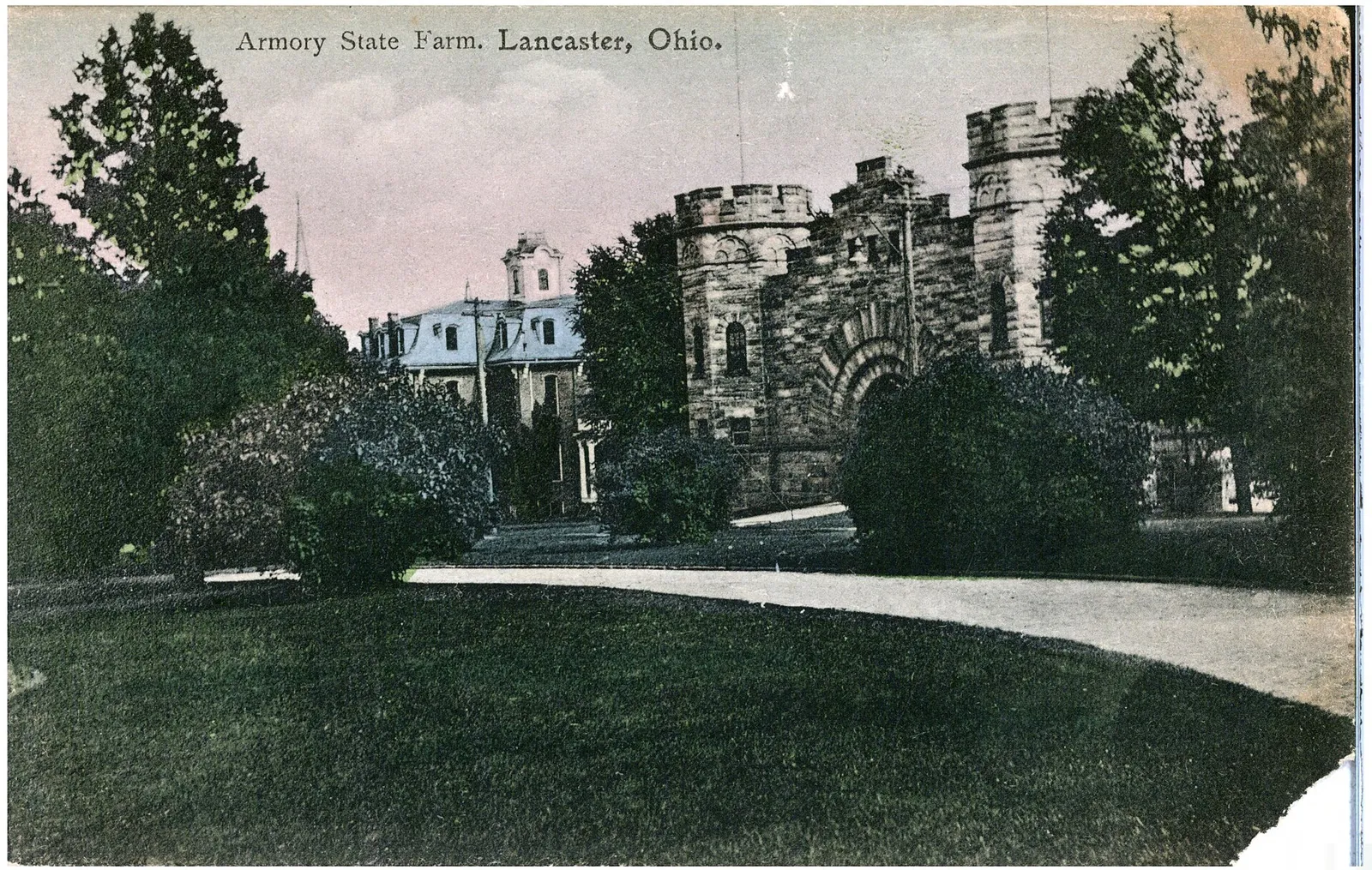 "Armory State Farm, Lancaster, Ohio" Tinted print of school shows the gymnasium and another building. Originally called the State Farm, the name was changed to