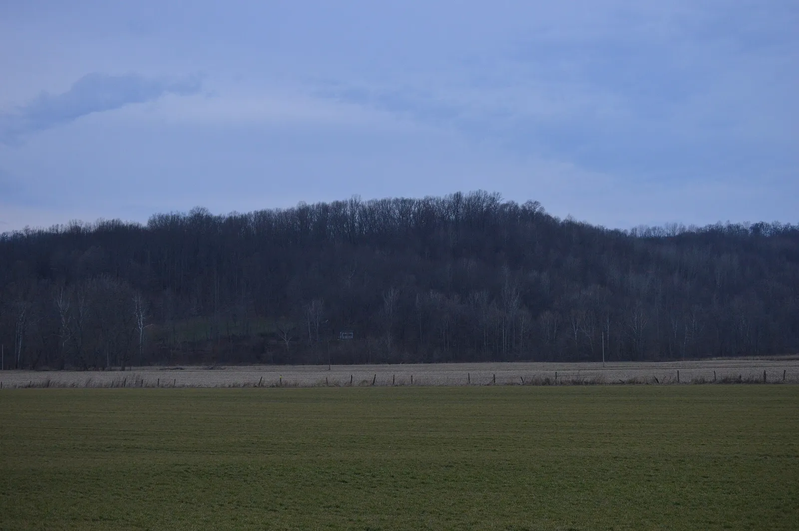 Looking southwest from State Route 56 toward the Davis Works, a prehistoric site atop the hill at the center of the image.  Located southeast of Laurelville in
