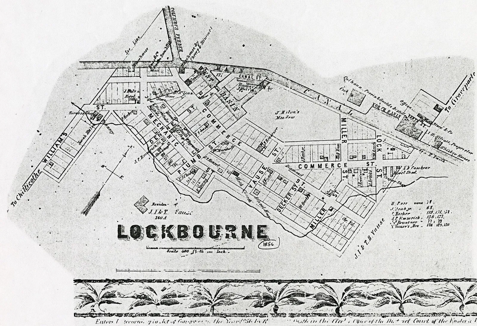 Property ownership plat map of the village of Lockbourne located in Hamilton Township, Franklin County, Ohio in 1856 taken from the Franklin County, Ohio, 1856