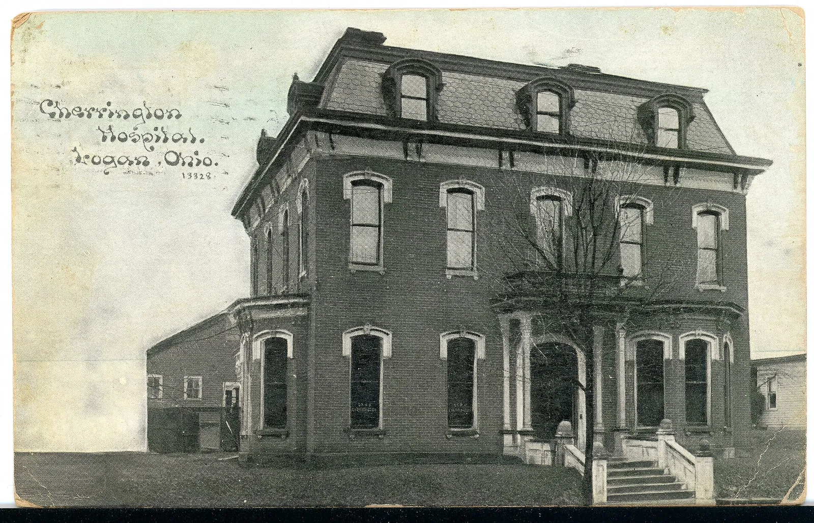 Black and white postcard of Cherrington Hospital in Logan, Ohio.