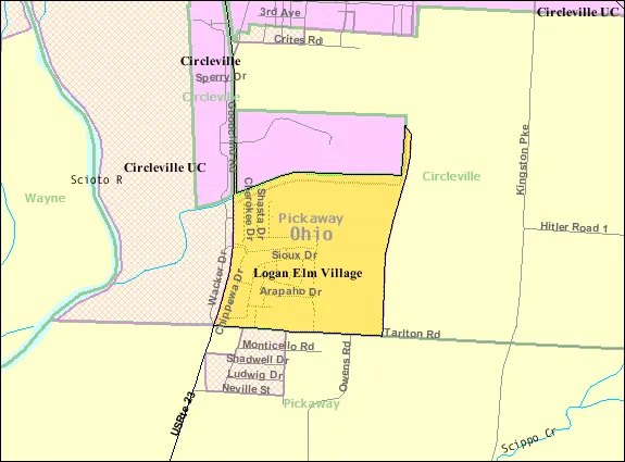 Map of Logan Elm Village, a census-designated place (CDP) in Pickaway County, Ohio, United States, with its boundaries at the time of the 2000 census.