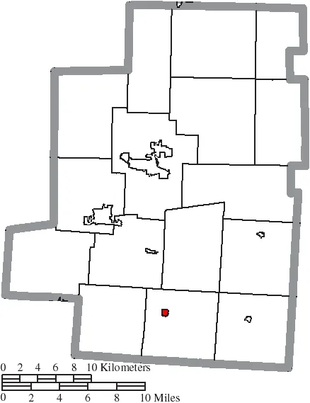 Map of the municipal and township boundaries of Morrow County, Ohio, United States, as of the 2000 census, with the location of the village of Marengo highlight