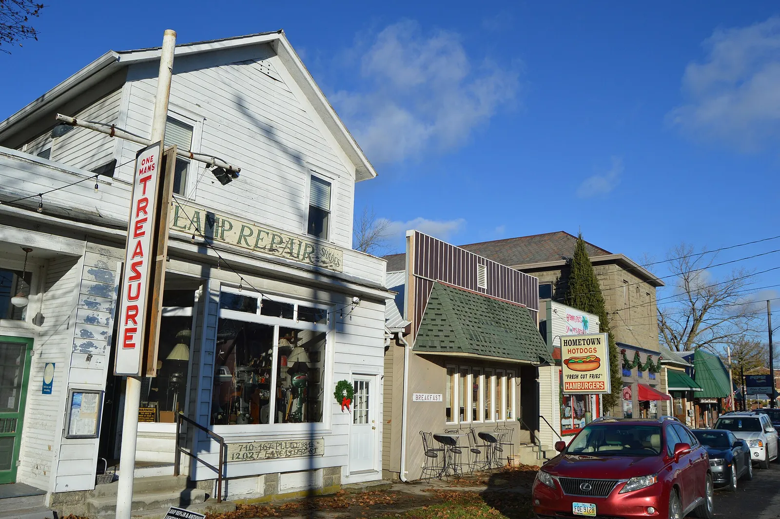 Buildings on the western side of Lancaster Street (State Route 204) in downtown Millersport, Ohio, United States.