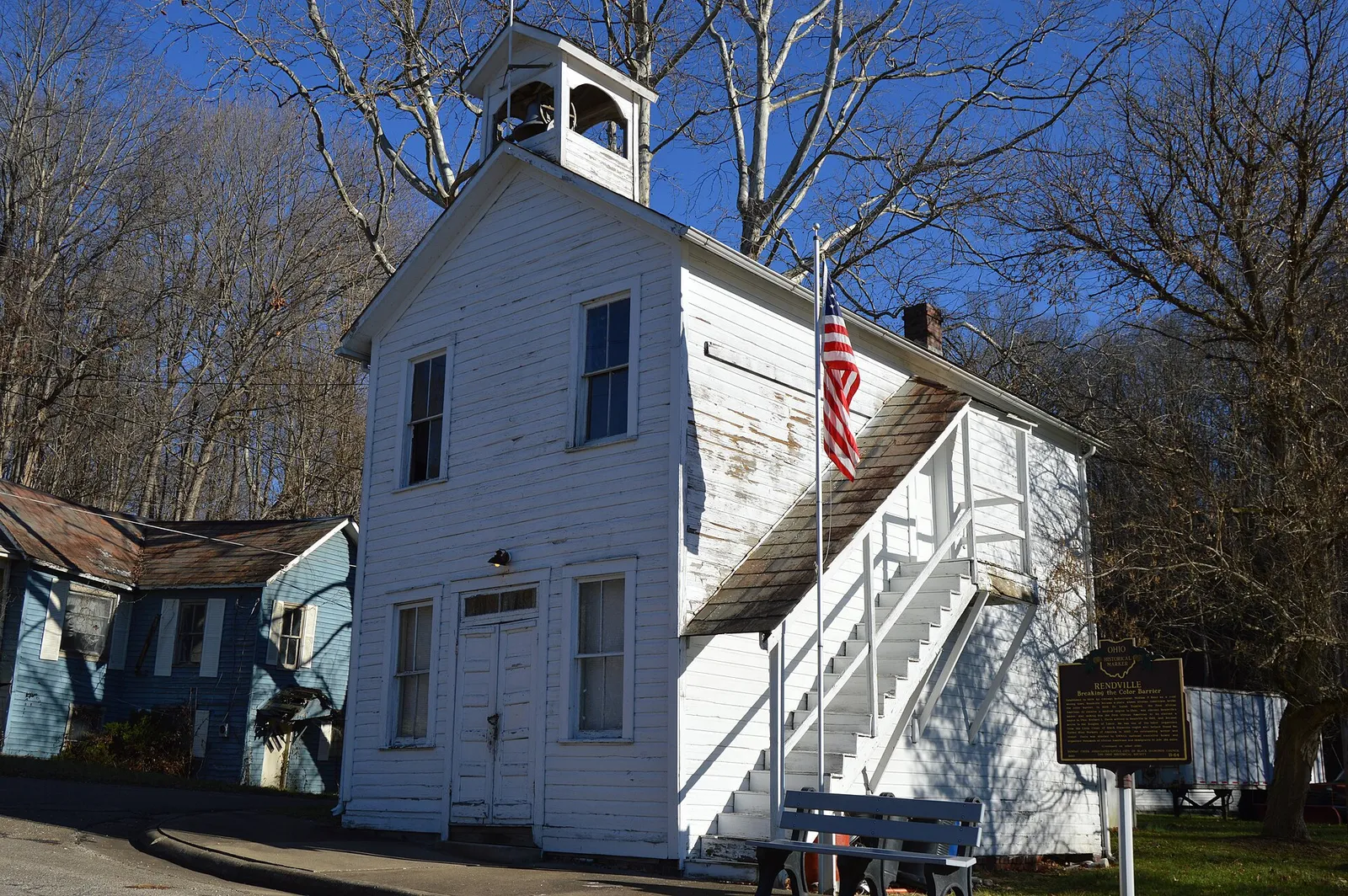Front and southern side of Village Hall in Rendville, Ohio, United States, located on Main Street just south of Valley Street.  Note the historical marker at le